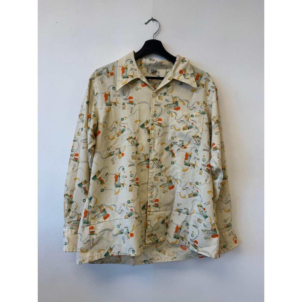 Vintage Sears Abstract Print‎ Shirt Medium Beige Polyester Button Up Disco 70s